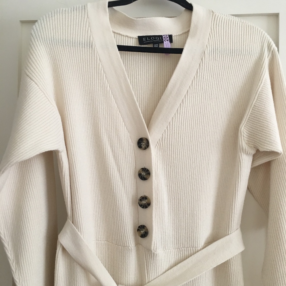 Eloquii Cream Button Front Cotton Knit Jumpsuit